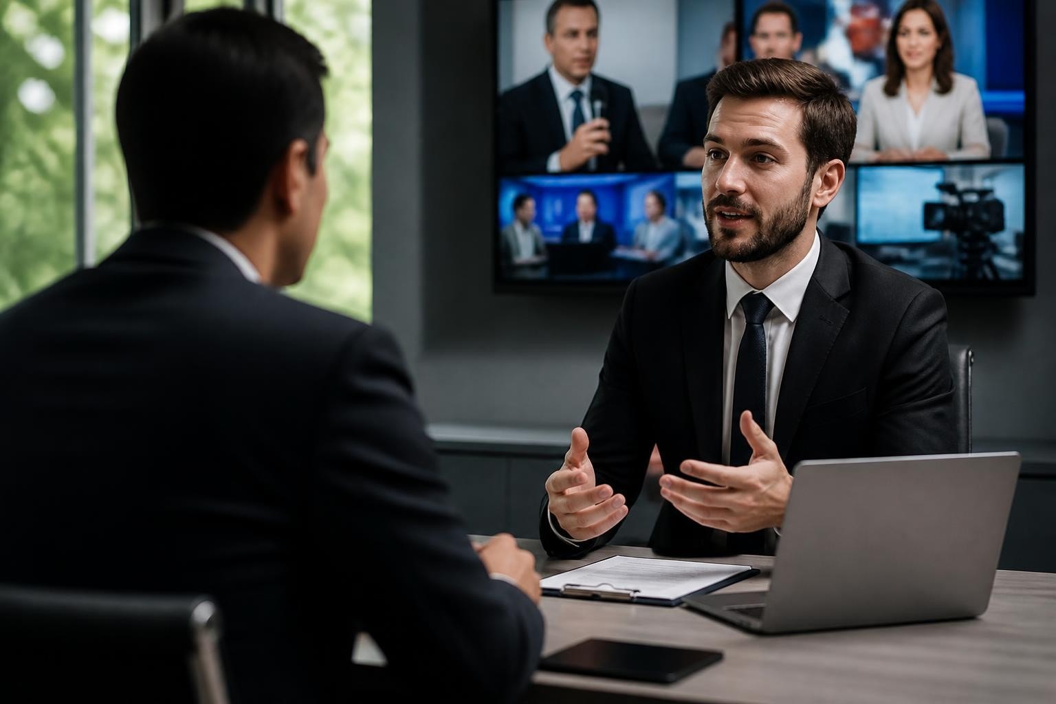 Professional media strategist discussing guaranteed media placement no upfront cost arrangements during a consultation session