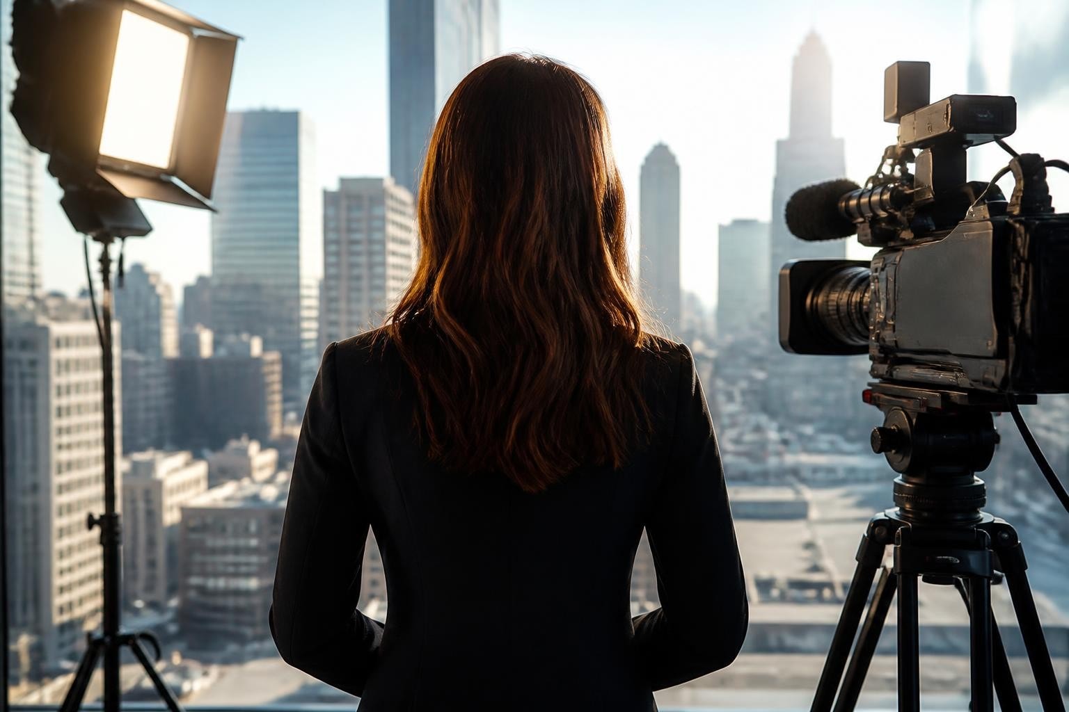 Rear view of a professional woman standing in a broadcast studio with professional lighting and a camera overlooking a city skyline