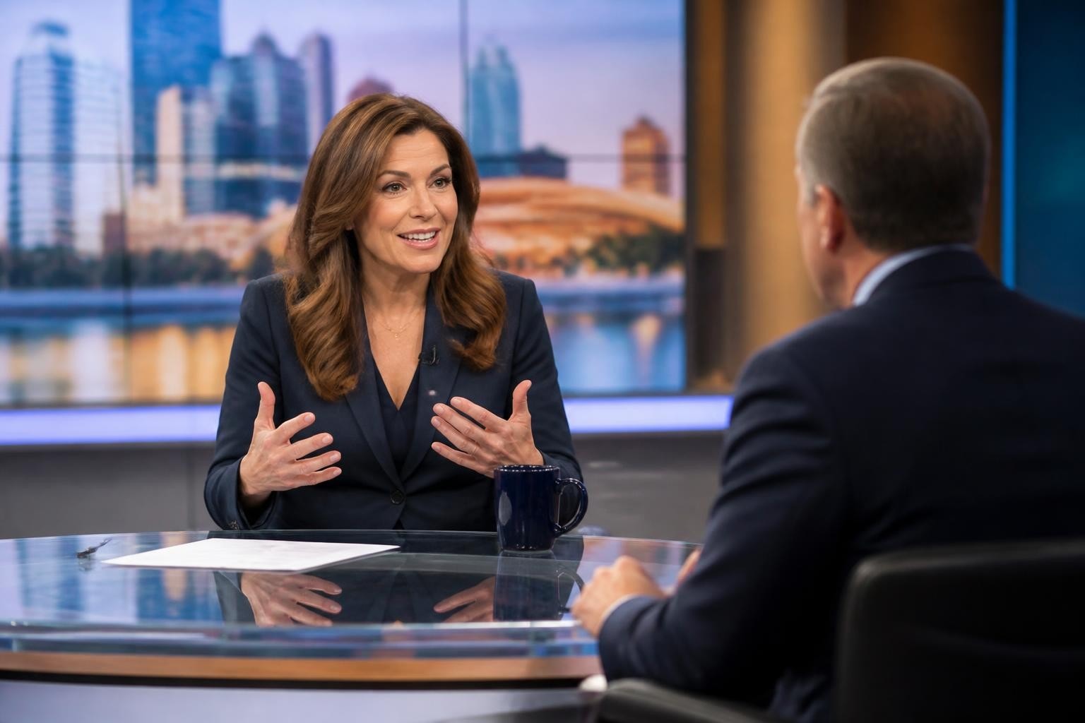 Professional woman guest being interviewed at a news desk in a television broadcast studio