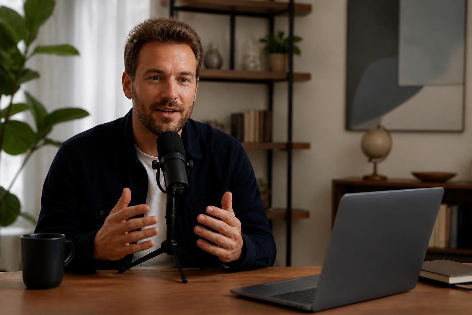 Professional man speaking into a podcast microphone while gesturing at a desk with a laptop in a home office setting
