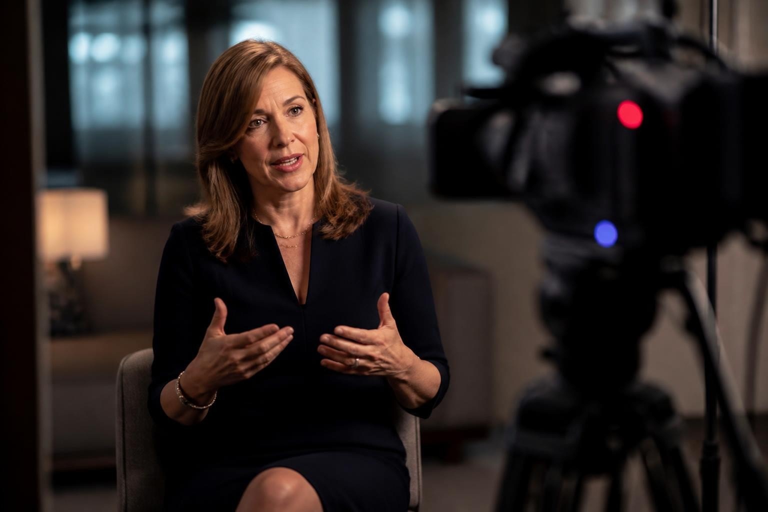 Professional woman being recorded by a camera on a tripod during a media training or studio TV interview session