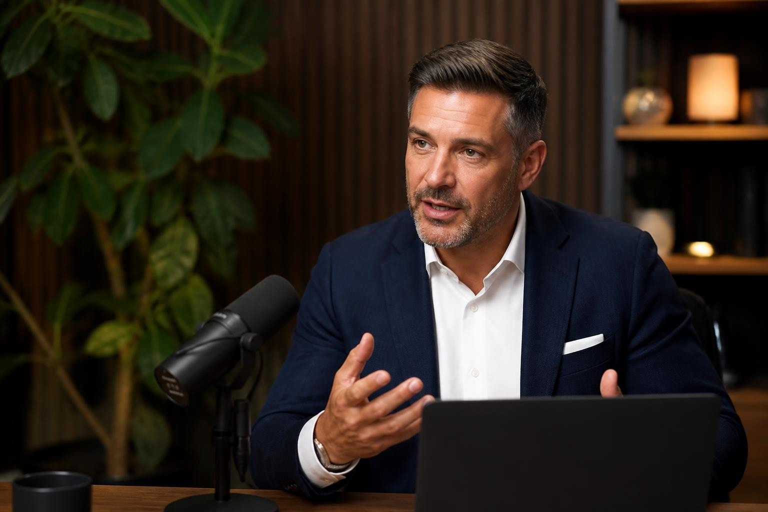 Professional man speaking into a podcast microphone while sitting at a desk with a laptop in a studio setting